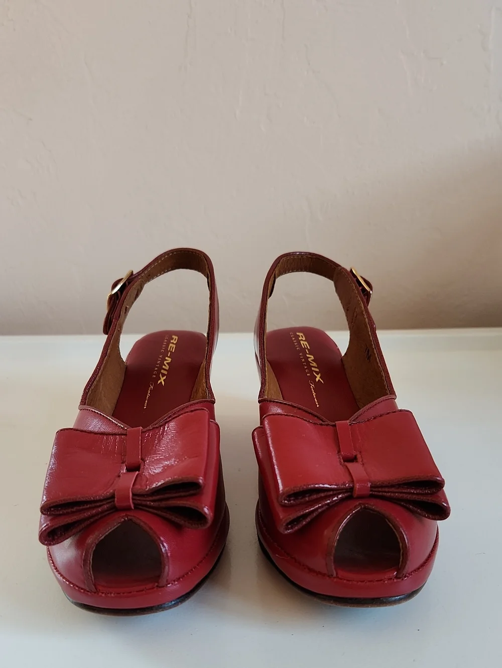 Re-mix Classic Vintage Gloria Red Leather Slingback Wedge  Heels with Bow Size 7